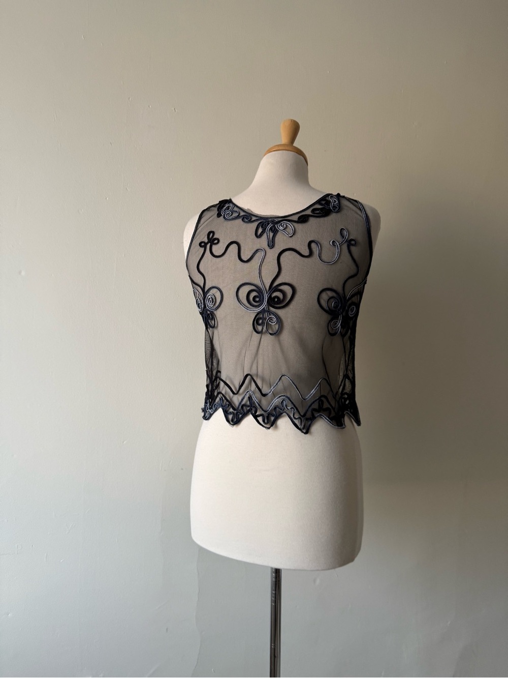 Vintage Sheer Black Mesh Embroidered Crop Top | Y2K Whimsy Goth - Picture 3 of 3